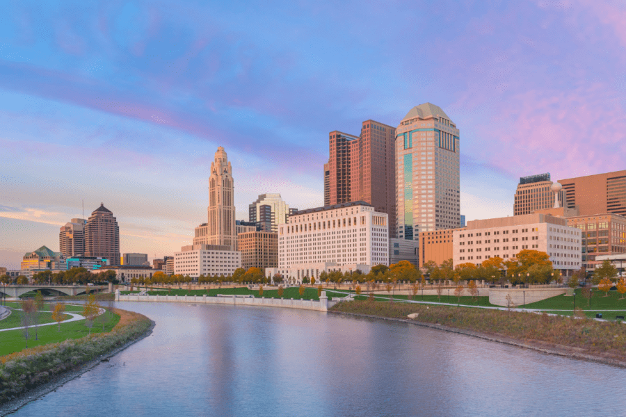 Downtown Columbus Ohio – a river and a city skyline at dusk