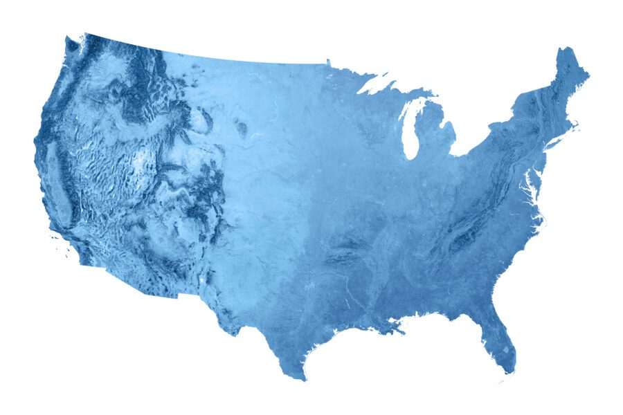 Blue water map of continental united states