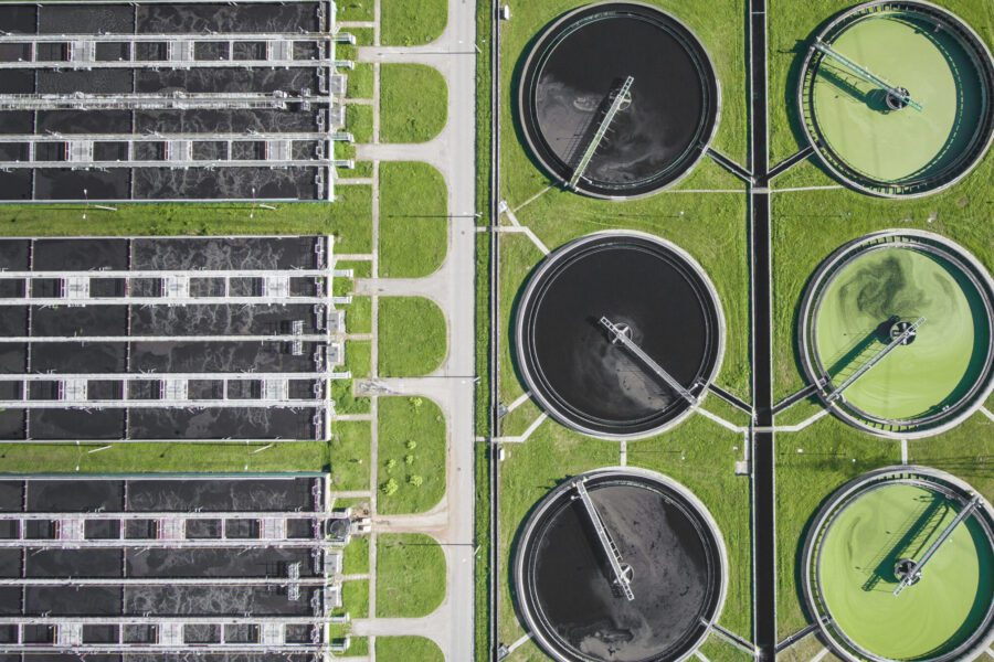 Aerial view of sewage treatment plant green and black