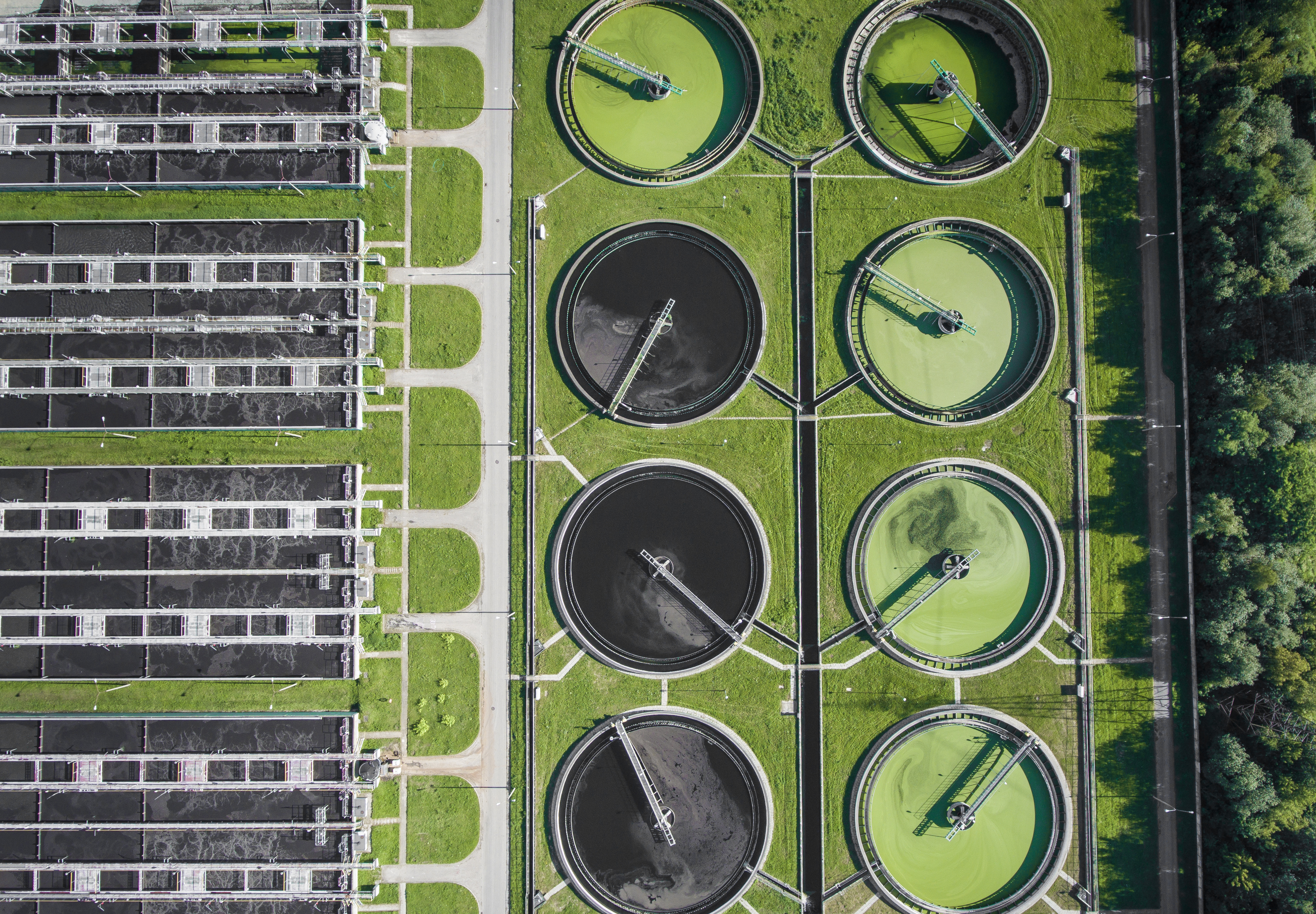 Aerial view of sewage treatment plant green and black