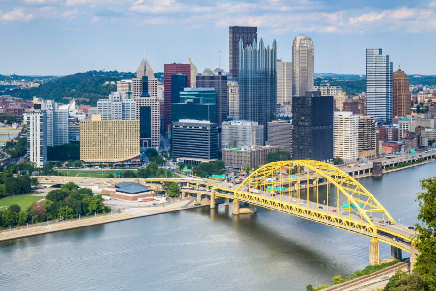 Pittsburgh river yellow bridge skyline