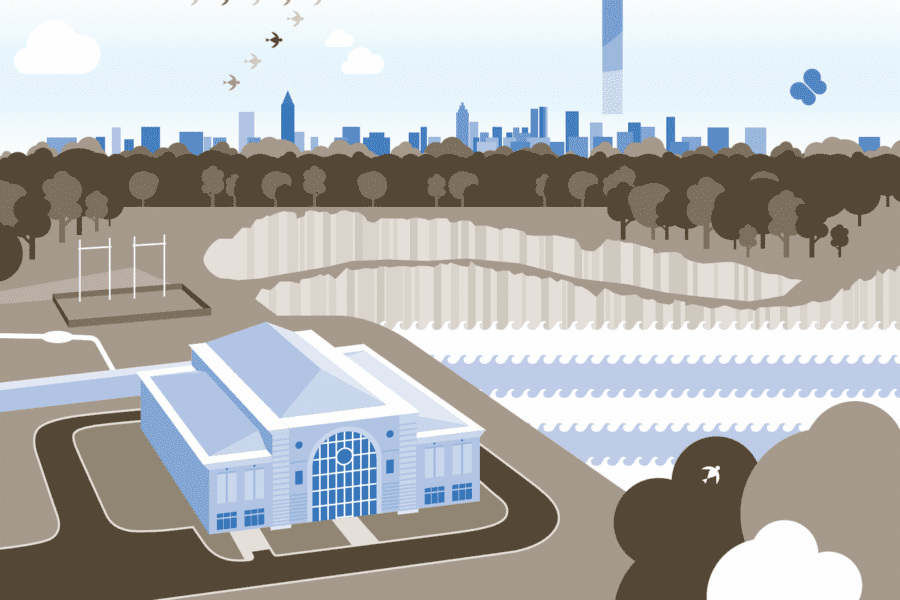 Graphic of Atlanta blue and brown birds courthouse skyline