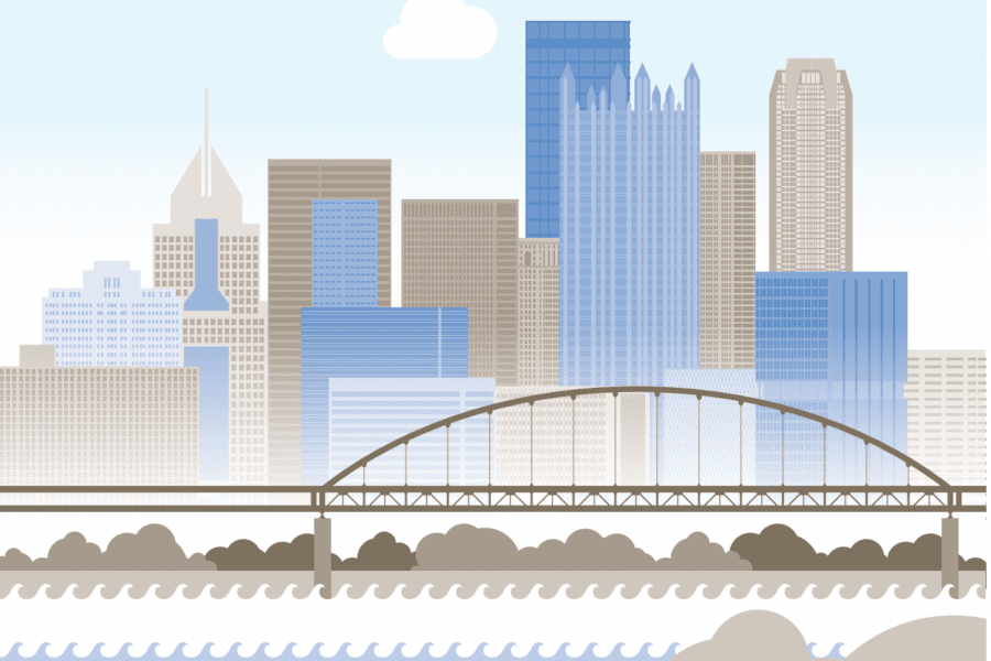 Pittsburgh skyline, bridge, and water graphic