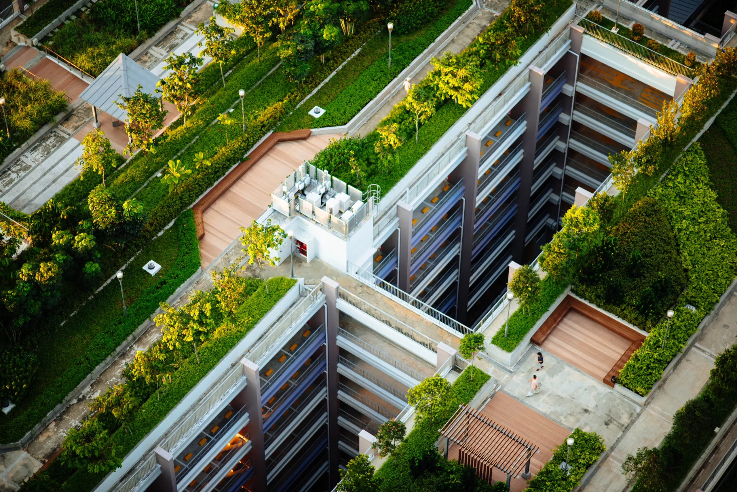 Green roof apartment buildings diagonal lines