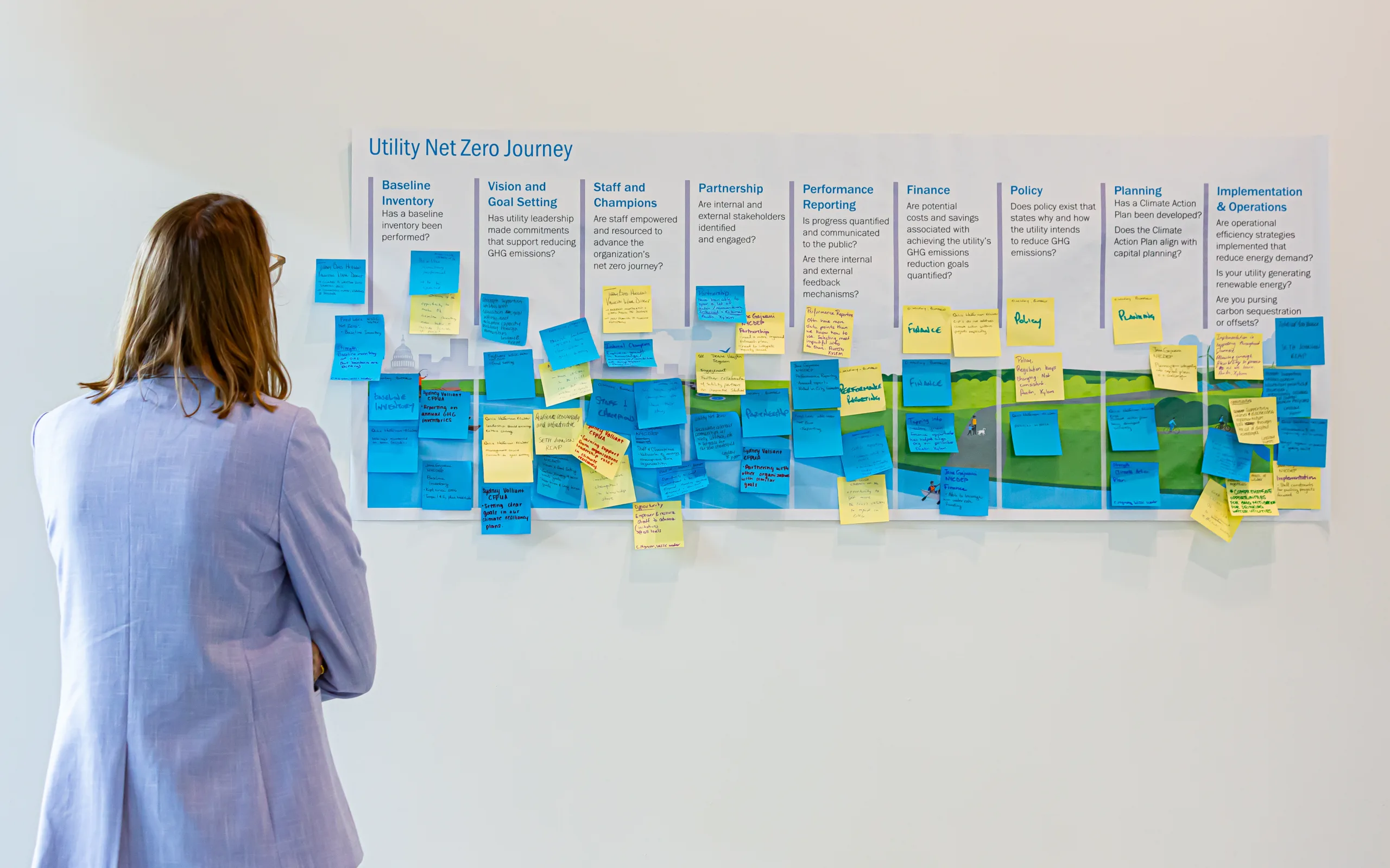 Woman looking at sticky notes on wall