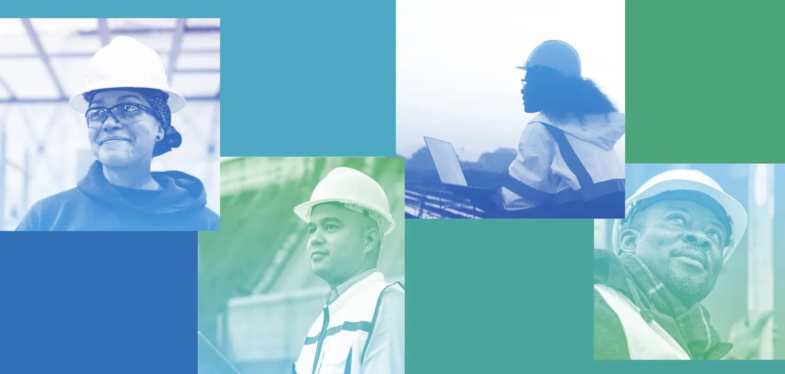 Gradient blue-green utility workers smiling collage