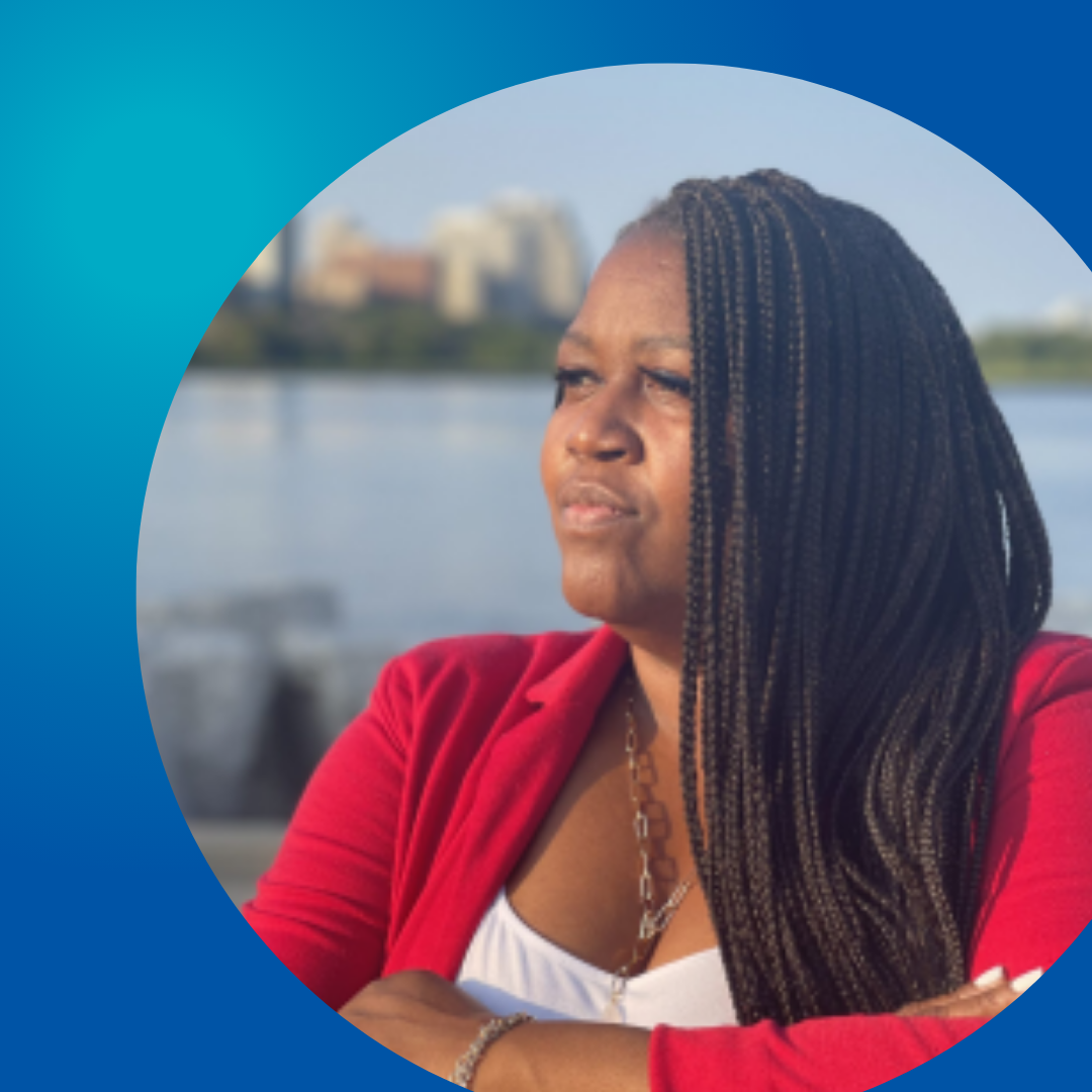 Woman in front of body of water looking into distance circular frame with blue background
