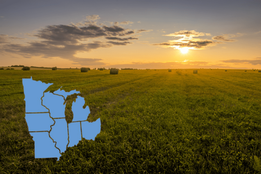 Farm at sunset with map of US Midwest overlaid