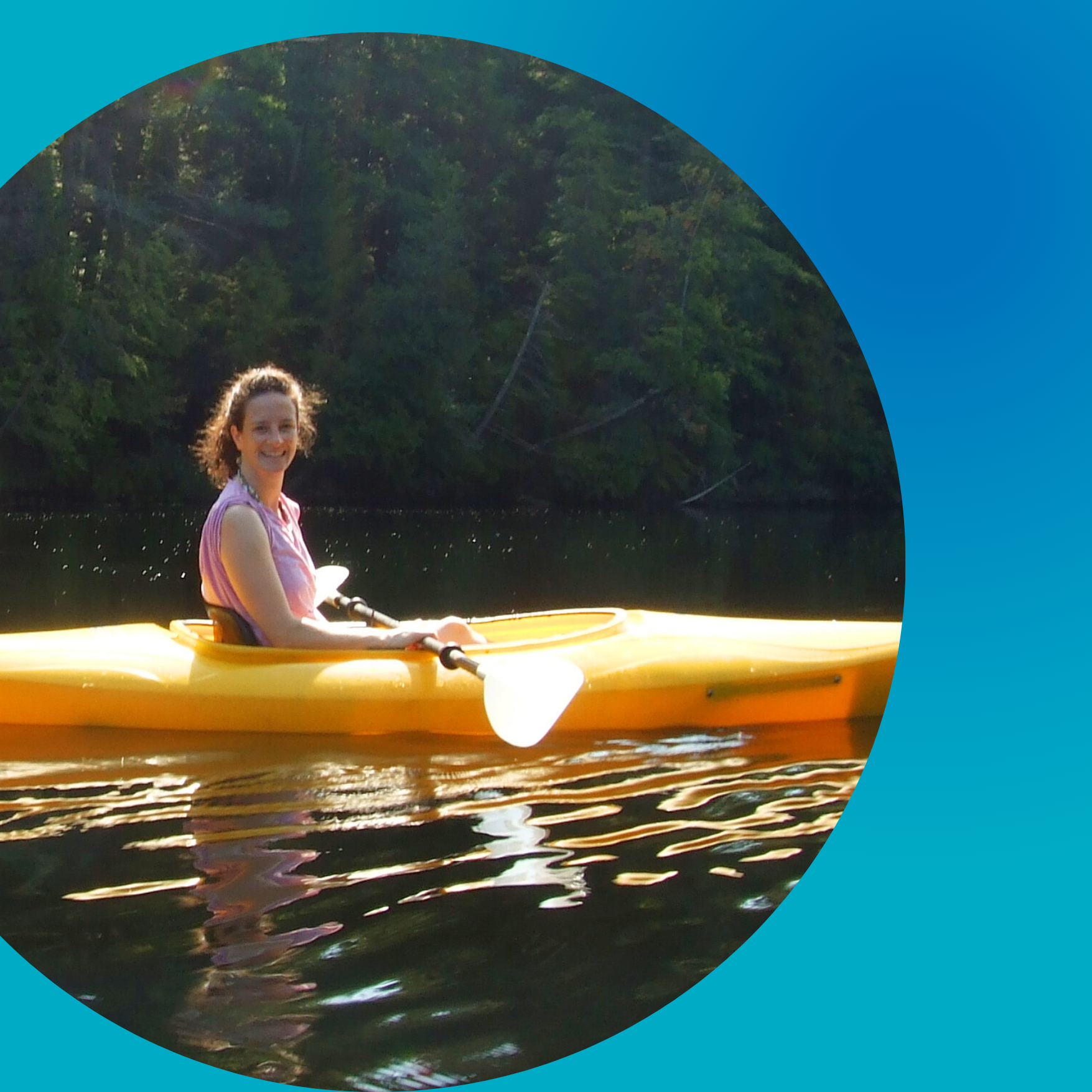 Woman in kayak on lake smiling circular frame with blue background