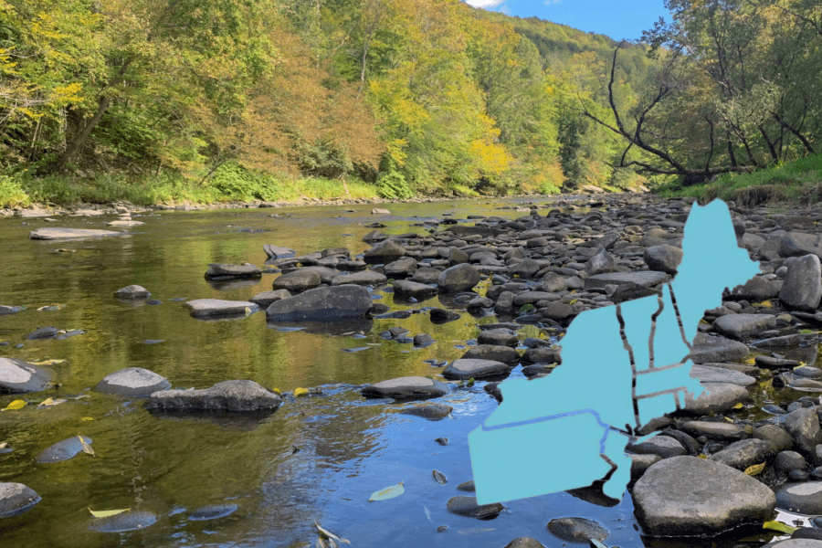 Stream in Catskills with US Northeast map overlaid