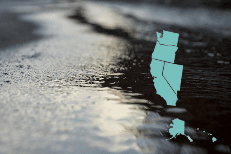 Ground with water on it with west coast US map overlaid