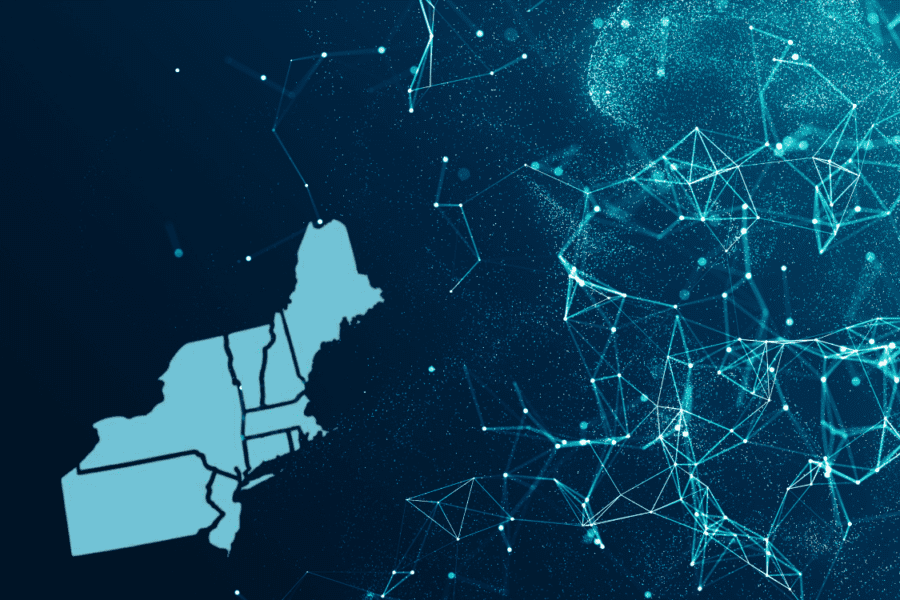 Pixels connected by lines fading into black with US northeast map overlaid
