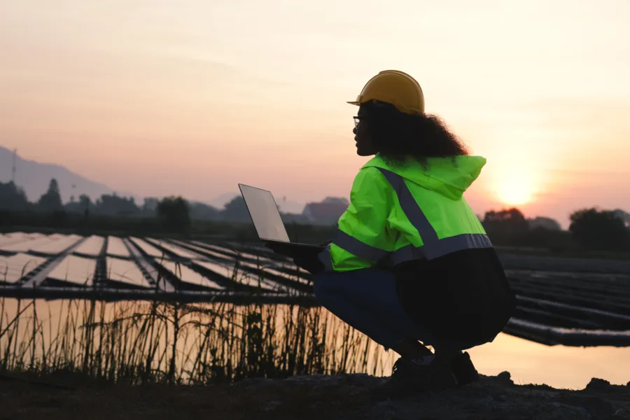 Woman working on laptop at sunset looking at solar site