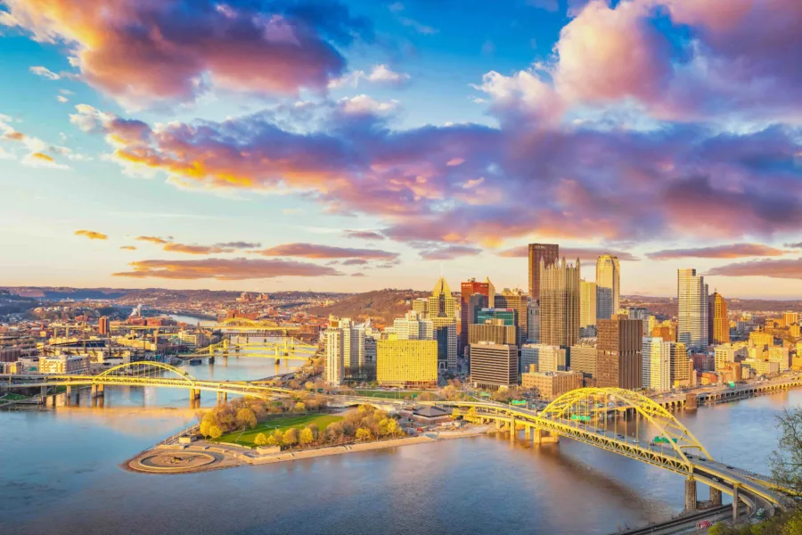 Skyline of Pittsburgh Pennsylvania and the Monongahela River, USA on a sunny day.